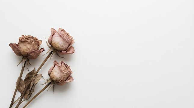 Three delicate dried roses arranged on a pristine white background showcasing their faded color and fragile texture symbolizing the beauty of natural decay the passage of time memory and mortality