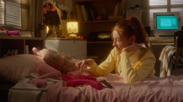 Caucasian teenage girl dialing and talking on retro pink landline telephone in bedroom. Ideal for nostalgic marketing campaigns, retro-themed advertisements, or youth lifestyle content