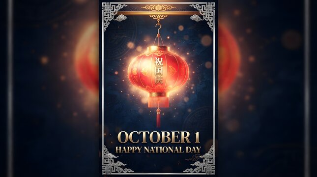 A festive poster design featuring a glowing red lantern to celebrate the national day china holiday on october first with elegant traditional ornate decorative borders