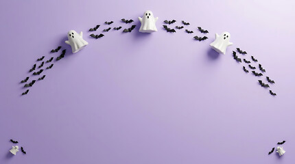 Naklejka premium Halloween ghosts and bats arrangement on a lilac purple background spooky seasonal decor