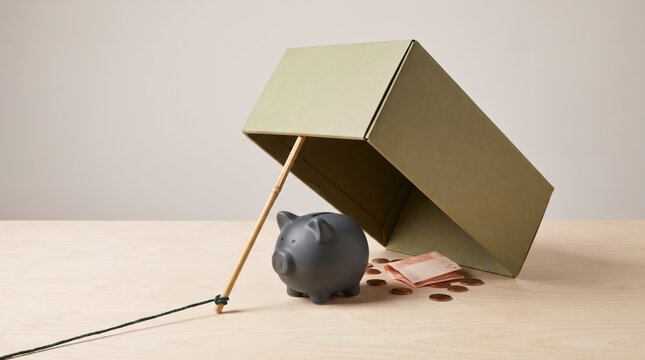 Piggy bank protected by umbrella from falling money
