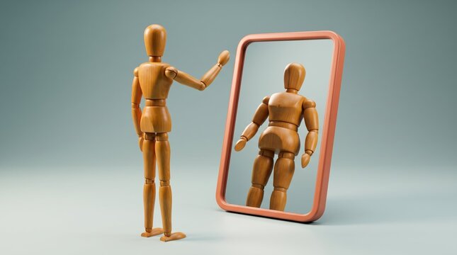 Wooden mannequin looking at reflection in mirror with orange frame