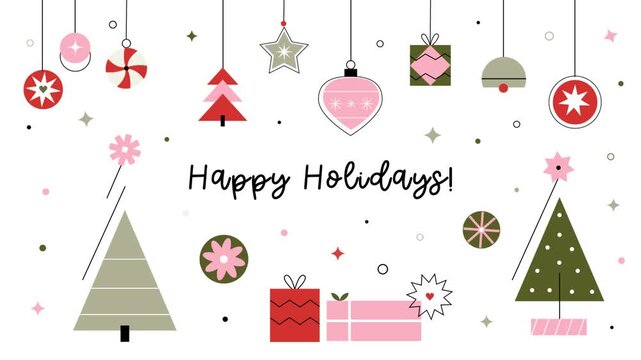 Animated Happy Holidays banner with geometric Christmas trees 