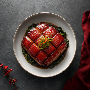 Braised Dongpo Pork Belly Slices Overhead View with Copy Space