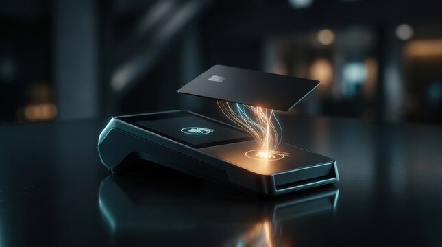 Futuristic card payment with glowing contactless tech