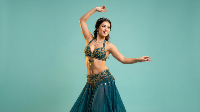 Young woman performing belly dance in a vibrant blue costume  