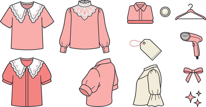 Vintage Pink Blouses and Shirts Vector Set with Lace Peter Pan Collars Coquette Aesthetic Fashion Garments and Garment Care Accessories