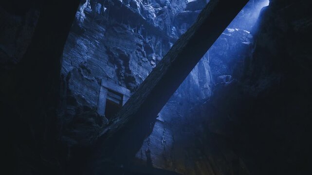 Vertical shaft with dramatic diagonal beam cutting through cold rock, steep walls, silhouetted ledge and raw texture evoking cinematic tension and rugged
