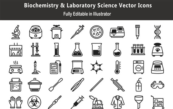 Biochemistry laboratory and scientific research icon set for biotechnology chemistry medical experiment and testing equipment