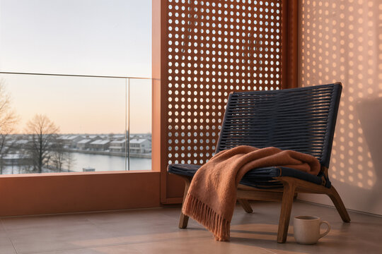 Rituel matinal paisible sur balcon avec couverture chaude