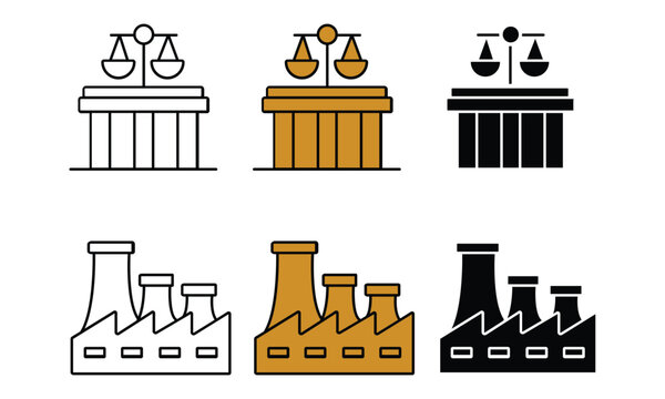 Collection of justice scales and industrial factory in outline, color, and silhouette styles