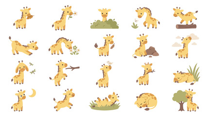 Obraz premium Set of cute cartoon baby giraffe characters in various poses and situations.
