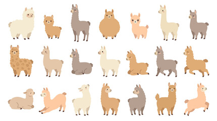 Naklejka premium Set of cute cartoon llamas and alpacas in various poses and colors.