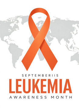 Orange awareness ribbon with world map background for leukemia awareness month symbolizing global support and medical solidarity for patients and families fighting cancer