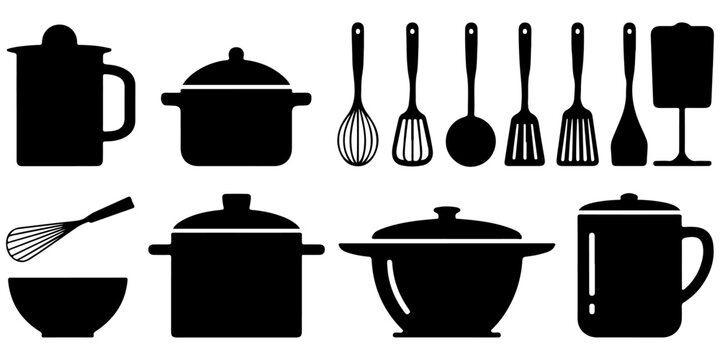 Kitchen utensils, cookware and appliance silhouette collection for culinary designs
Cooking pots, pans, tools and kitchenware silhouette icon set
Kitchen equipment and tableware black silhouette colle