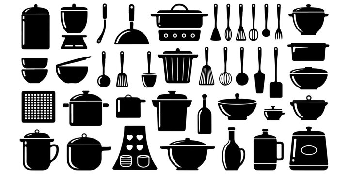 Kitchen utensils, cookware and appliance silhouette collection for culinary designs
Cooking pots, pans, tools and kitchenware silhouette icon set
Kitchen equipment and tableware black silhouette colle