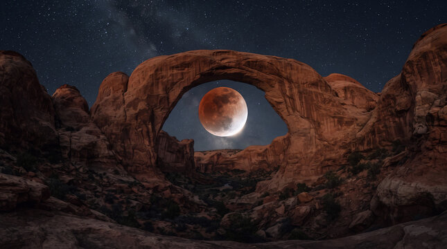Partial lunar eclipse framed by a natural desert rock arch under a starry night sky