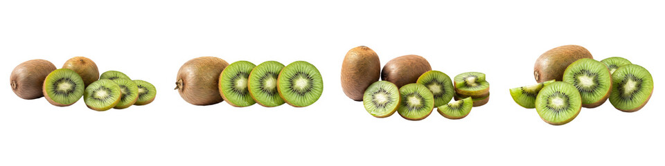 Fototapeta premium Fresh whole and sliced green kiwi fruits arranged in four distinct groupings on a clean white background, showcasing vibrant textures, seeds, and healthy juicy flesh.