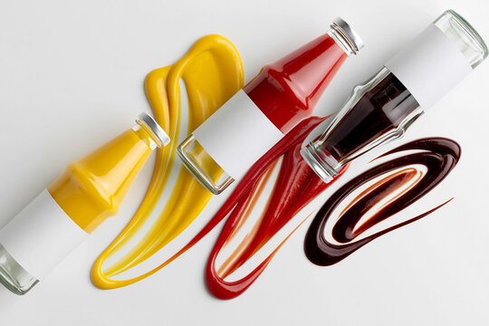Assorted condiment bottles with mustard, ketchup and barbecue sauce splashes isolated on white background with blank labels