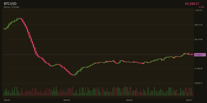 Professional trading interface showing price fluctuation and market activity for digital assets on a dark terminal display