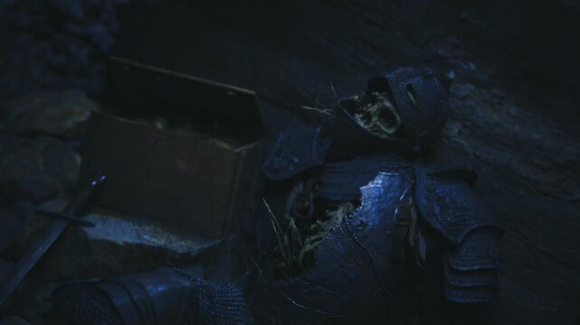 Closeup view of caucasian skeletal knight, cracked skull and corroded breastplate revealing hollow chest cavity with organic remnants and dark metallic texture.