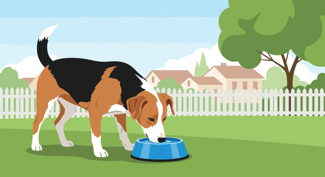 Cute beagle dog drinking water from a bright blue bowl while standing on a green grass lawn in a quiet residential backyard.