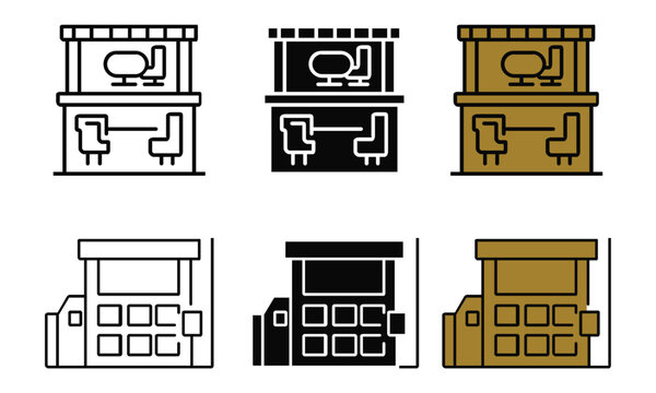 Collection of stylized cafe or kiosk in outline solid and color variations