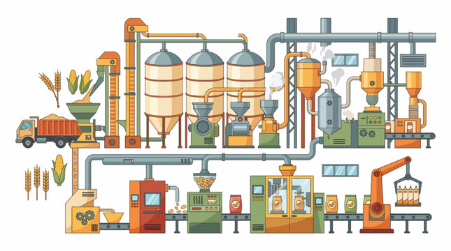 Grain and Cereal Processing Factory with Large Silos Conveyor Machinery Automated Packaging and Agricultural Production Equipment