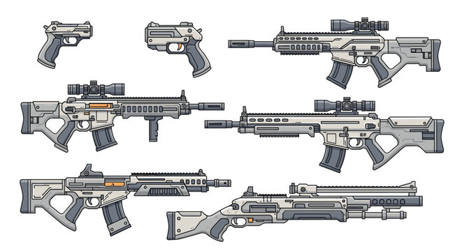 Set of detailed futuristic sci-fi firearms including various assault rifles, handguns, and high-tech sniper scopes in a grey style.