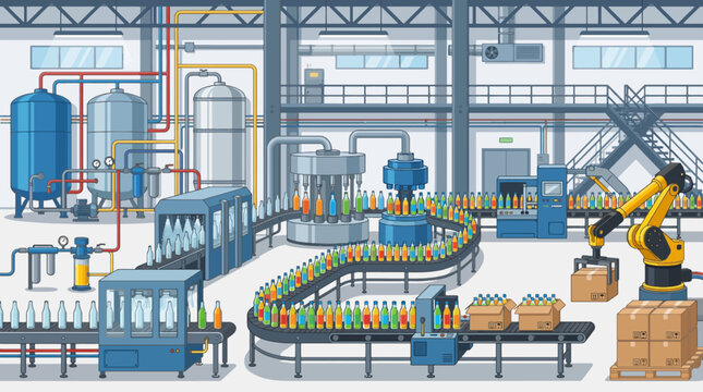 Automated Beverage Bottling Factory with Filling Machines Conveyor Bottles Industrial Tanks Pipelines and Robotic Packaging Line