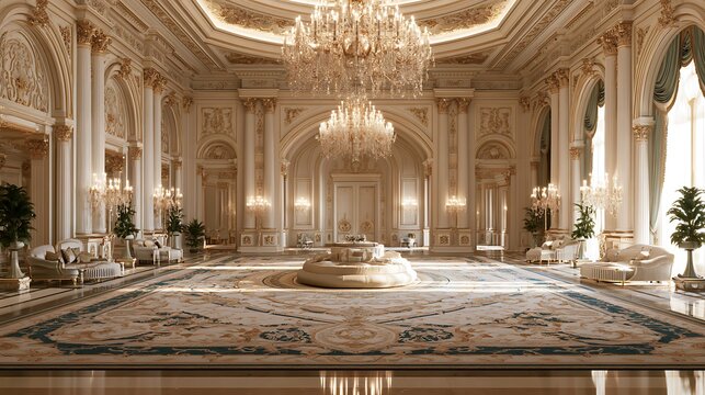 Luxurious grand palace ballroom interior with ornate golden architecture and crystal chandeliers.