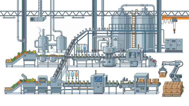 Automated Canned Food Processing Plant with Conveyor Belt Filling Sealing Machinery Storage Tanks and Packaging Robot