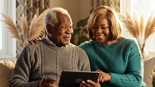 Senior father uses tablet with daughter at home. Elderly man shares digital device with woman. Father and daughter bond using tablet. Senior family enjoys technology together in living room.