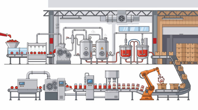 Tomato Sauce Production Factory with Automated Processing Tanks Conveyor Belt Jar Filling and Packaging Line Isolated on White