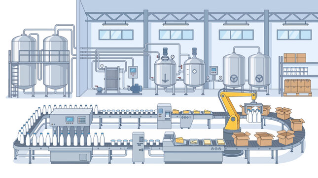 Modern Dairy Processing Factory with Milk Tanks Bottling Machinery Conveyor Packaging Equipment and Robotic Production Line