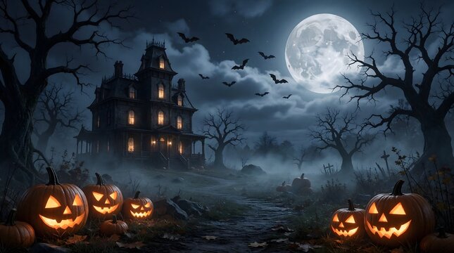 Spooky Haunted House Under a Full Moon Halloween Night