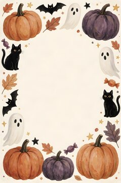 Cute Halloween Pumpkin and Ghost Border with Copy Space