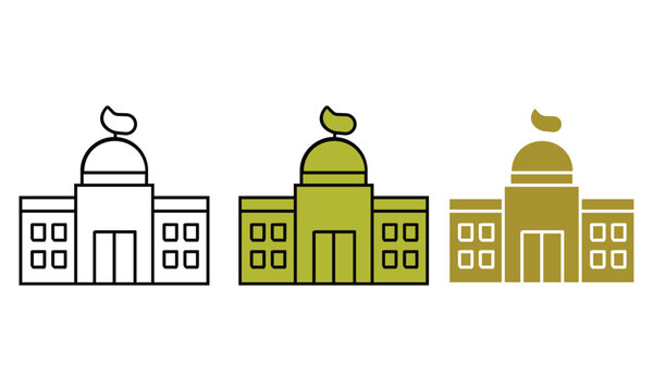 Government building with dome and flag in outline, color, and silhouette