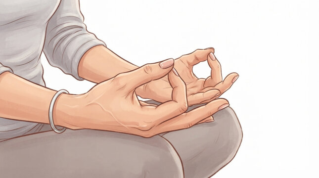 Watercolor illustration of a woman hands in meditation mudra pose on white background