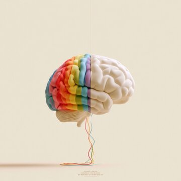 A soft clay 3d render depicts a brain with one half displaying rainbow patterns and the other half in calm cream. The scene has a minimal look.
