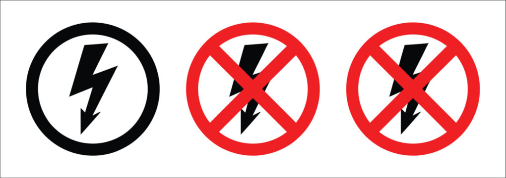 Lightning and no lightning electricity sign icon set representing power availability on off switching blackout outage warning and energy safety concepts