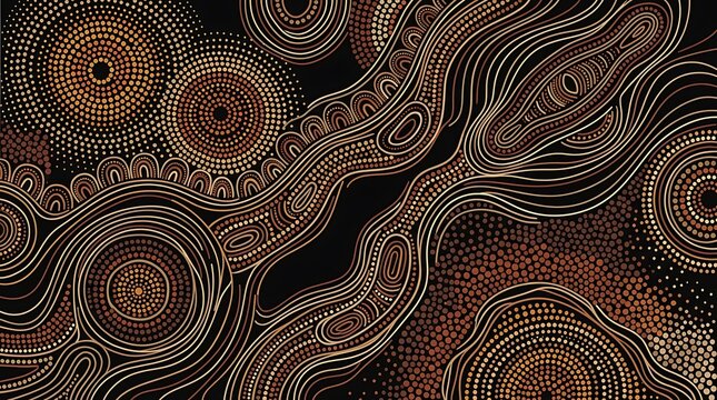 Traditional aboriginal dot painting art with earthy tones, intricate patterns, and flowing lines