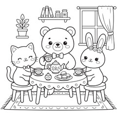 Fototapeta premium Cute Bear Cat and Rabbit Tea Party Coloring Page for Kids
