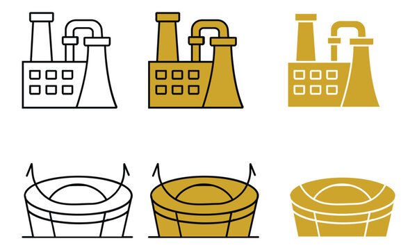 Industrial factory and stadium in outline and solid gold and black