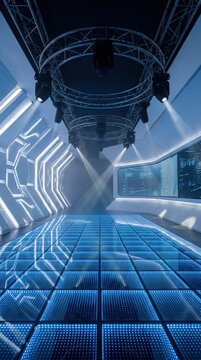 Futuristic Blue Stage with Grid Floor and Spotlights.