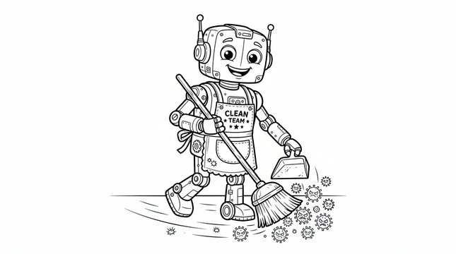 Cute cartoon robot cleaning floor with broom isolated on white background