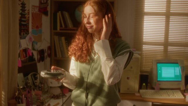Caucasian teenage girl inserting CD into portable player, pressing play, and dancing in retro room, zoom out. Clip is perfect for nostalgia marketing and retro technology commercials