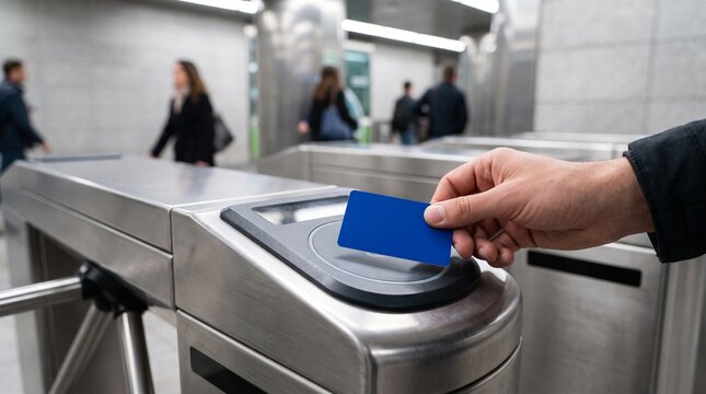 Passenger hand tapping blue transit card on subway station turnstile gate, modern public transport concept