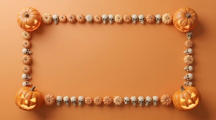 Fototapeta premium A festive rectangular frame made of small orange pumpkins on a solid light brown background for halloween celebrations
