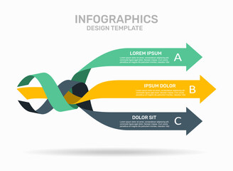 Naklejka na ściany i meble Three-step infographic design template featuring interwoven horizontal labeled arrows. Vector illustration.